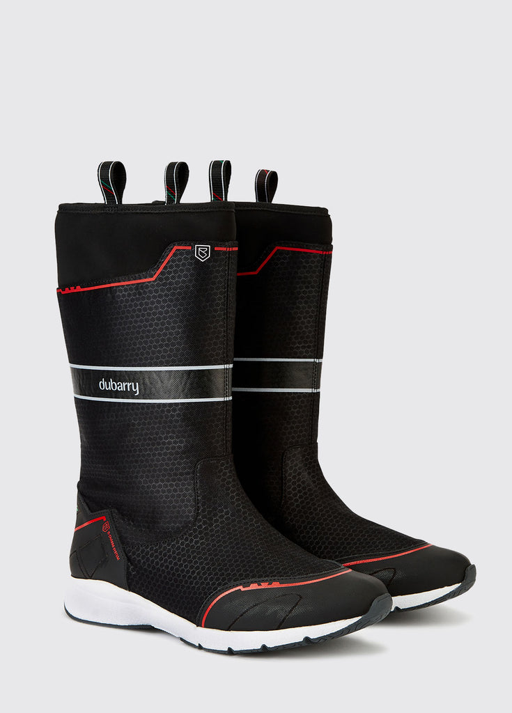 Pair of Hobart Sailing Boots in Black against a grey studio background.