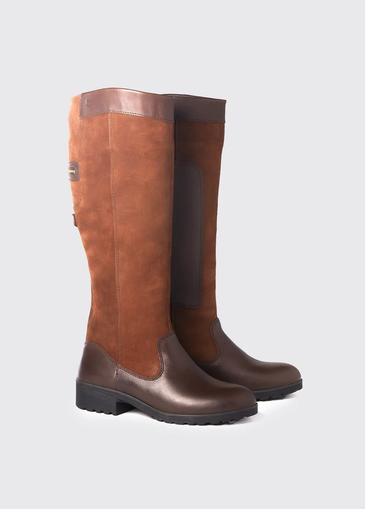 Clare Waterproof, Breathable, and Leather Tall Country Boots in Brown on a Grey Studio Background.
