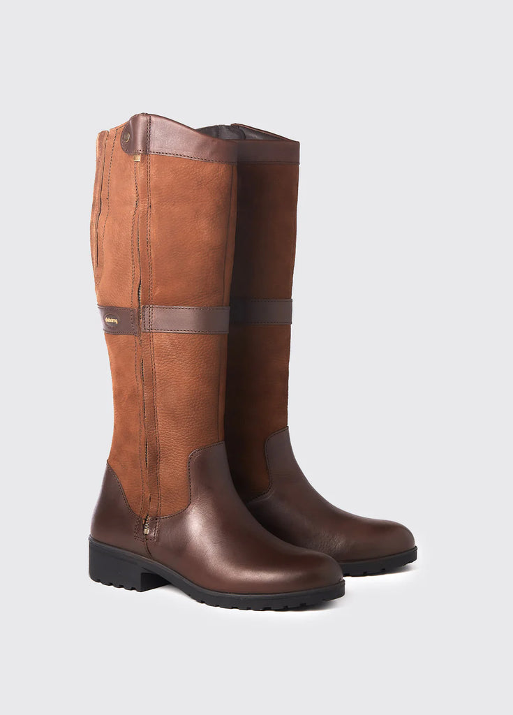 Pair of Sligo Waterproof, Breathable Leather Tall Country Boots in Walnut Brown on a Grey Studio Background.