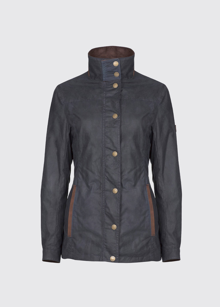 Dubarry Mountrath Waxed Jacket in the colour Navy. A jacket with vertical hip pockets, metal front zip and leather collar tab.